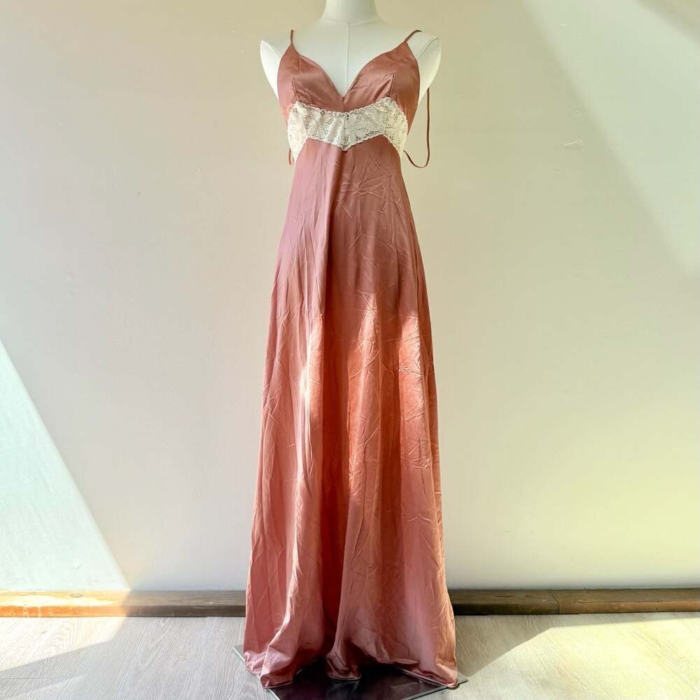 Vintage Pink Dusty Rose Satin and Lace Maxi Slip Dress